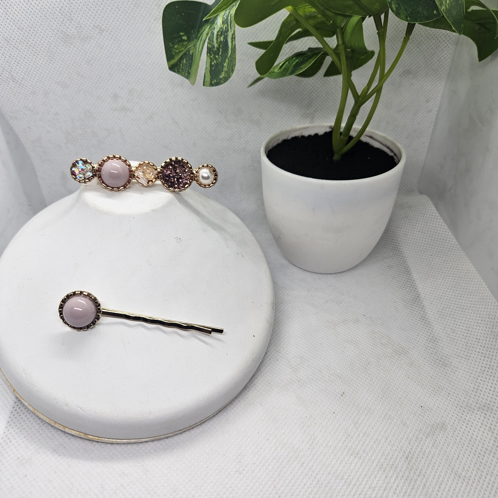 Hand Crafted Rose Gold Hair Clip Set with Pale Pink Accents